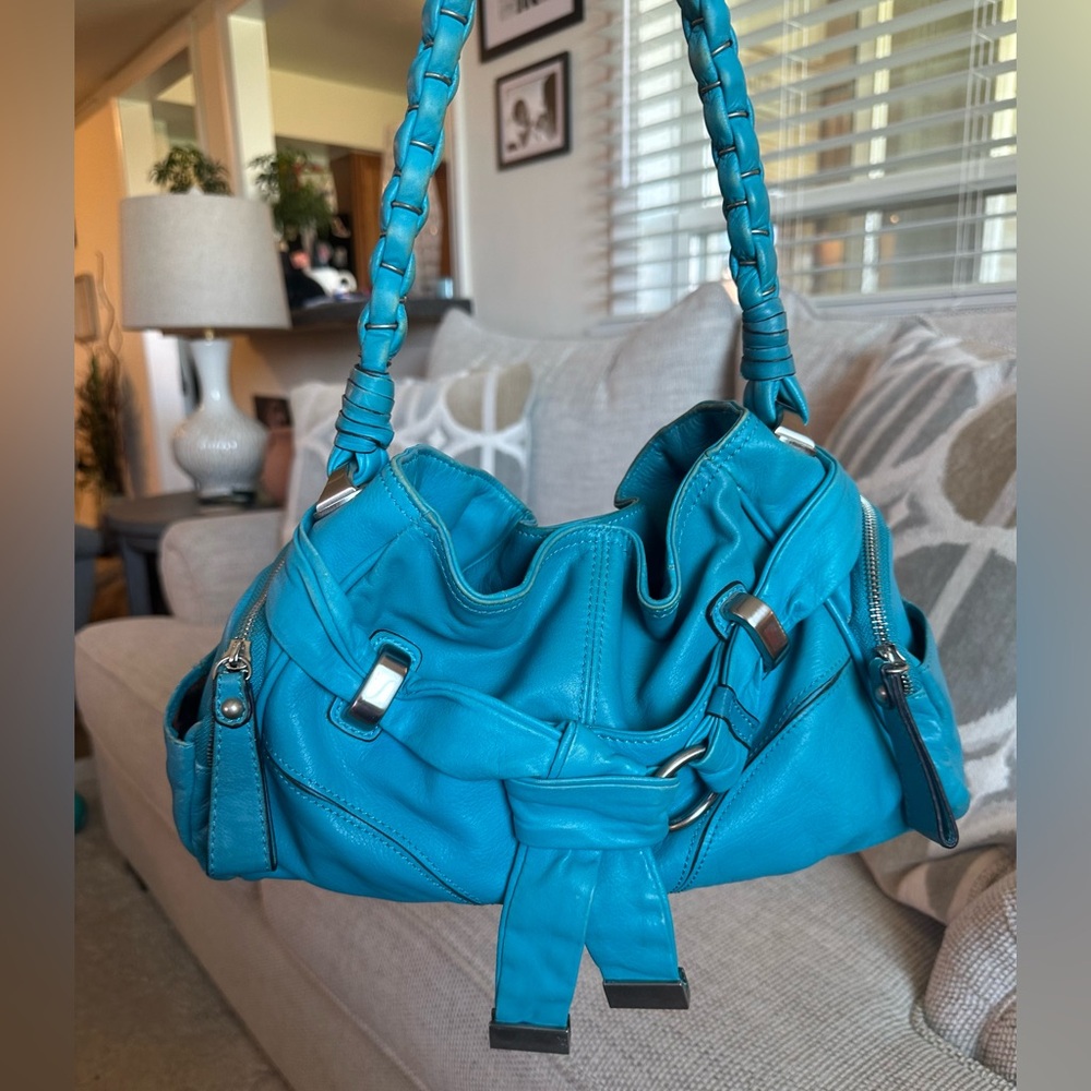 b. makowsky Vintage Slouchy Teal Leather Bag & Animal Print Liner!